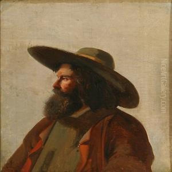 Portrait Of Abearded Man With A Hat Oil Painting by Christian Andreas Schleisner