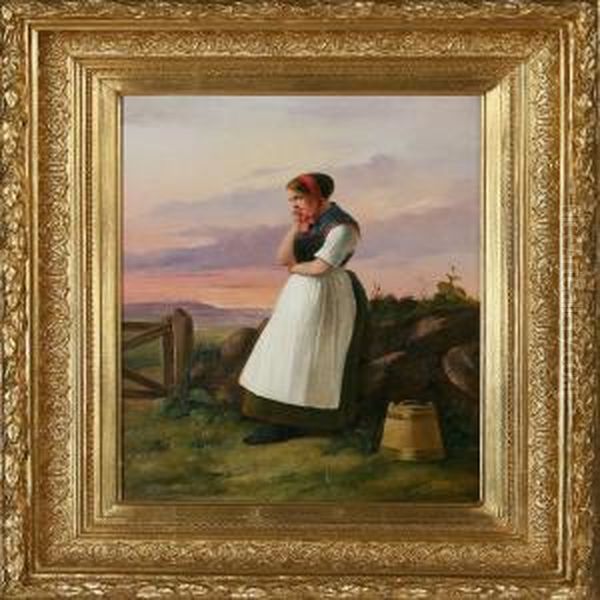 Thoughtful Peasantgirl Oil Painting by Christian Andreas Schleisner