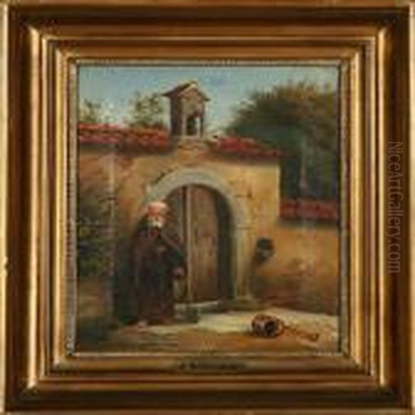 A Monk At A Port Oil Painting by Christian Andreas Schleisner