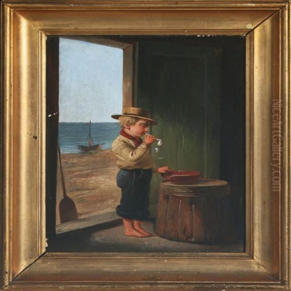 Boy Blowing Bubbles Oil Painting by Christian Andreas Schleisner