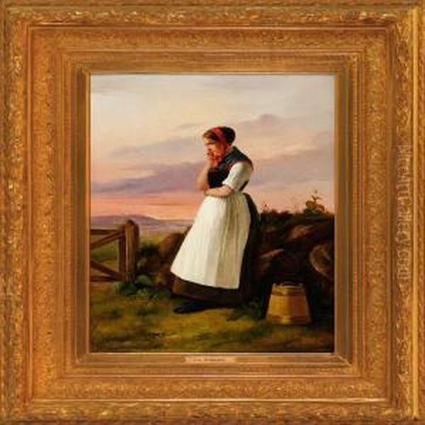 Peasant Girl Resting Against A Drystone Wall Oil Painting by Christian Andreas Schleisner