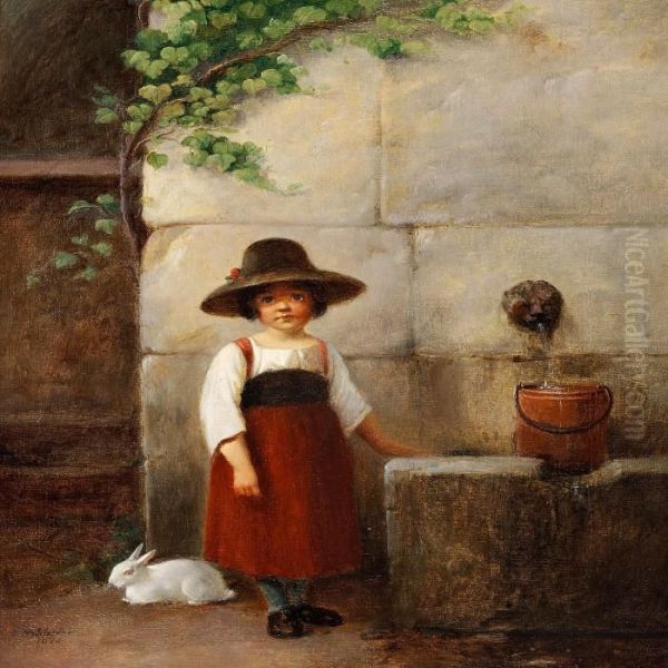 Little Girl With A White Rabbit Oil Painting by Christian Andreas Schleisner