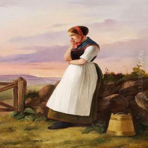 A Peasant Girl Is Resting Against A Drystone Wall Oil Painting by Christian Andreas Schleisner