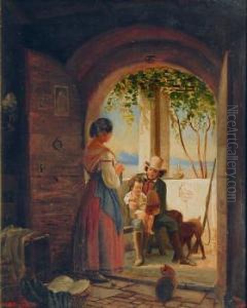 Junges Familiengluck Auf Dem Balkon Eines Italienischen Landhauses Oil Painting by Christian Andreas Schleisner