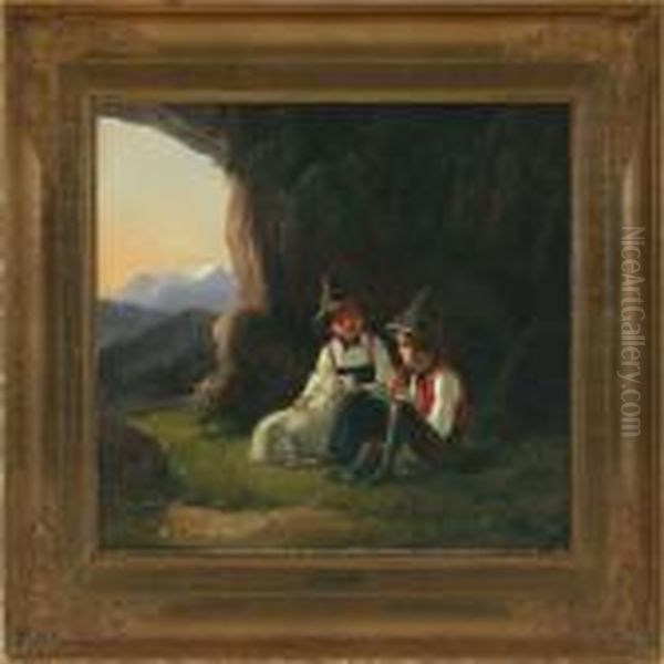 Landscape With Boysand A Sheep Resting At A Cave Oil Painting by Christian Andreas Schleisner