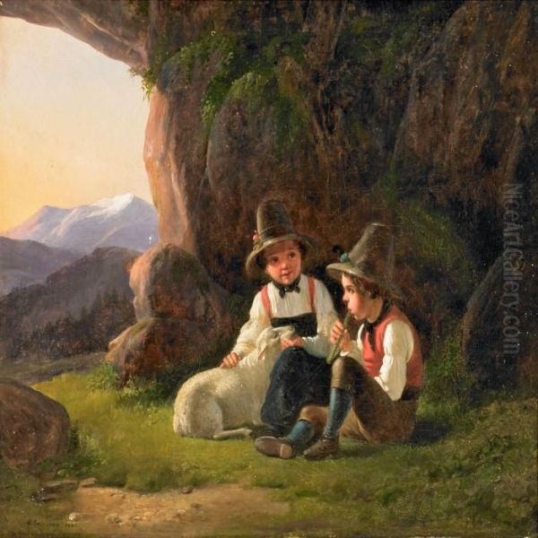 Landscape With Boys And A Sheep Resting At A Cave Oil Painting by Christian Andreas Schleisner