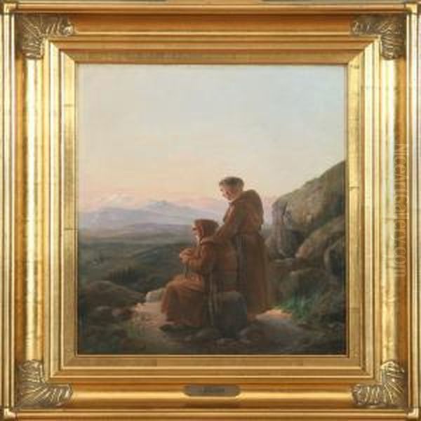 Two Friars In Amountain Landscape Oil Painting by Christian Andreas Schleisner