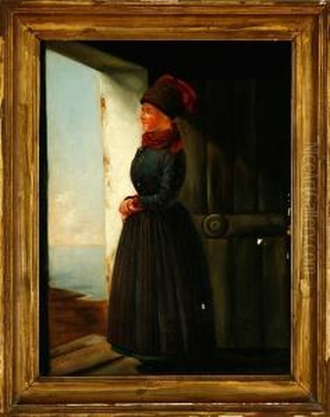 A Danish Woman From Fano Island Is Looking Over The Ocean Oil Painting by Christian Andreas Schleisner