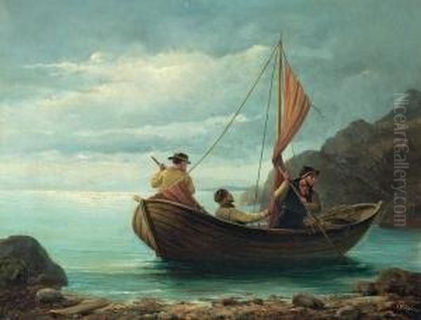 Three Fishermen In A Boat Oil Painting by Christian Andreas Schleisner