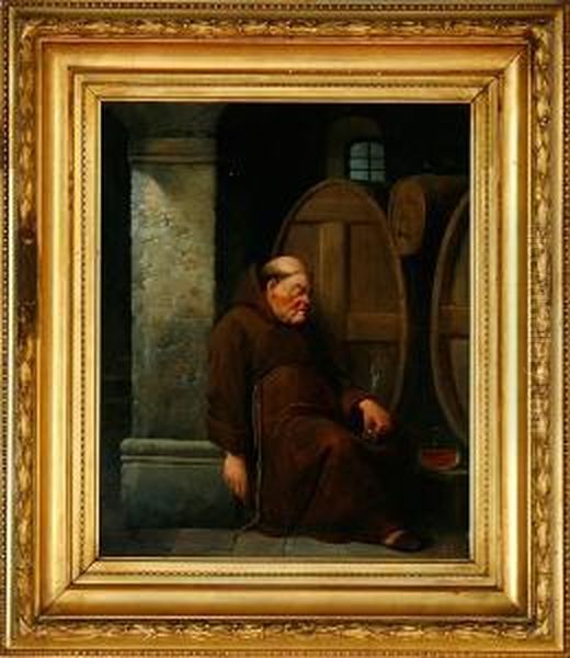 Sleeping Monk In A Wine Cellar Oil Painting by Christian Andreas Schleisner