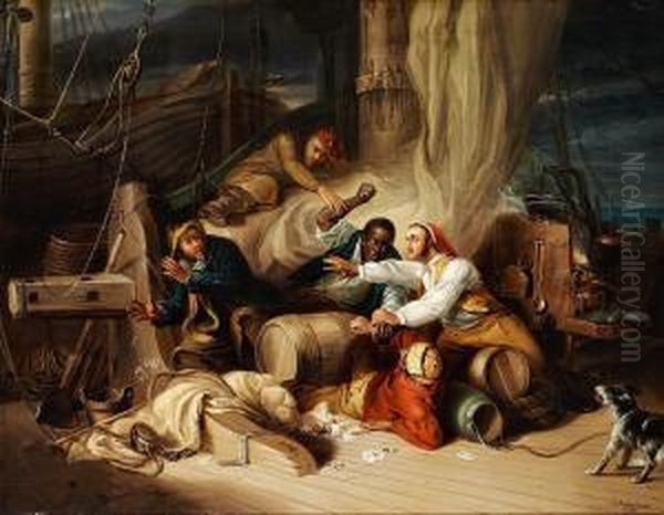 Sailors Playing Cards On Board A Ship Oil Painting by Christian Andreas Schleisner