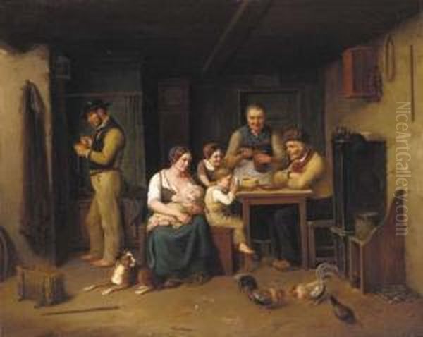 A Family In An Interior Oil Painting by Christian Andreas Schleisner