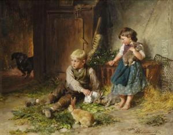 Madchen Und Junge Mit Kaninchen Im Stall Oil Painting by Felix Schlesinger