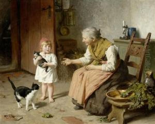 Grandmother Playing With Her Granddaughter Oil Painting by Felix Schlesinger