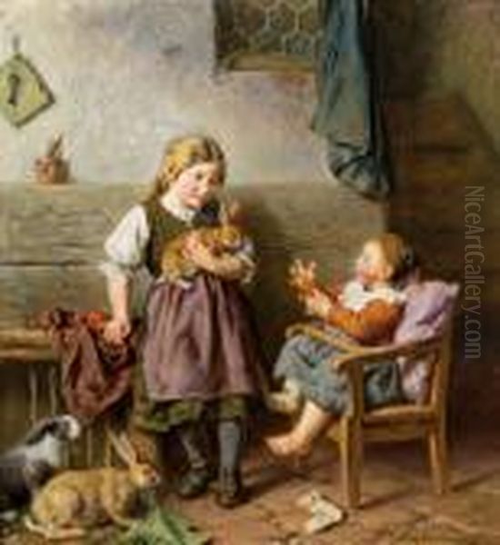 Kinder Mit Kaninchen Oil Painting by Felix Schlesinger