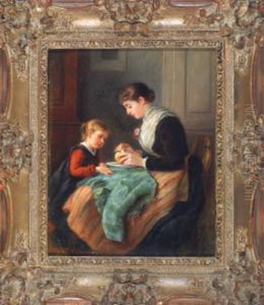 Junge Mutter Mit Tochter Im Interieur Beim Schalen Einer Orange Oil Painting by Felix Schlesinger