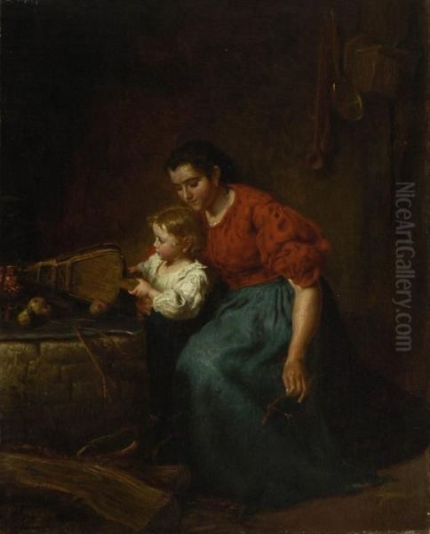 Mutter Mit Kind An Der Esse. Oil Painting by Felix Schlesinger