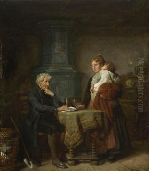 Junge Mutter Mit Ihrem Kind Beim Dorfschreiber. Oil Painting by Felix Schlesinger