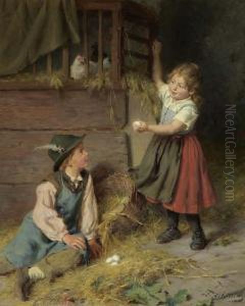 Children Collecting Eggs. Oil Painting by Felix Schlesinger