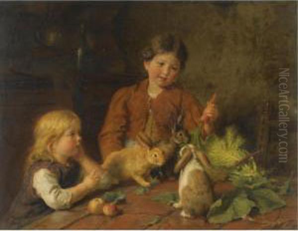 Futterung Der Kaninchen (children Feeding Rabbits) Oil Painting by Felix Schlesinger