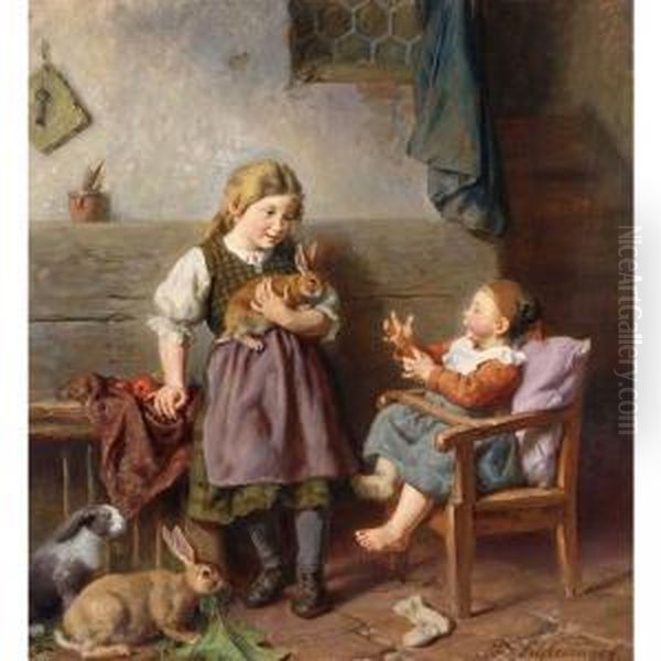 Children Playing With Rabbits Oil Painting by Felix Schlesinger