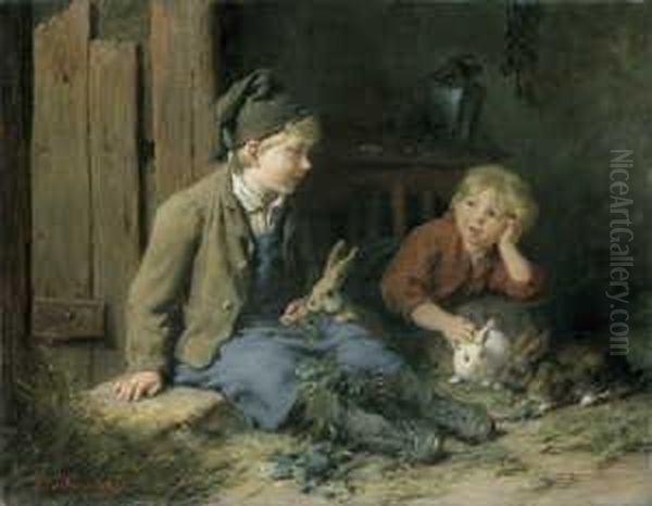 Zwei Kinder Mit Kaninchen Spielend. Oil Painting by Felix Schlesinger