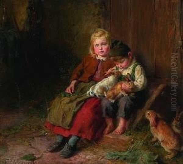 Madchen Und Kleiner Junge Im
 Stall Oil Painting by Felix Schlesinger