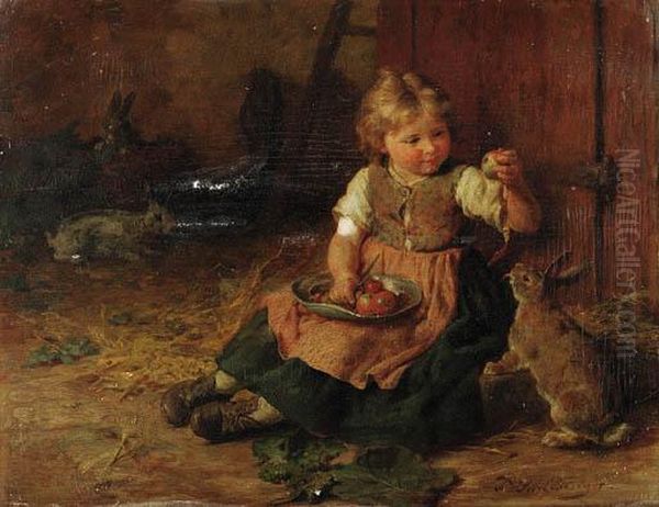 Feeding The Rabbit Oil Painting by Felix Schlesinger