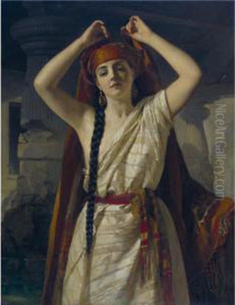 An Egyptian Girl Preparing For A Bath Oil Painting by Henry Guillaume Schlesinger