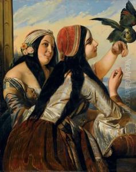 Deux Orientales Et Perroquet Oil Painting by Henry Guillaume Schlesinger