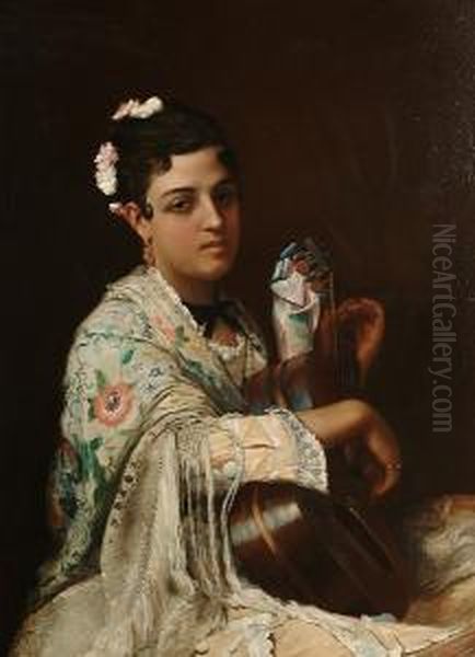 Portrait, Half Length, Of A 
Spanish Lady, Wearing An Embroidered Silk Shawl, Playing The Guitar Oil Painting by Henry Guillaume Schlesinger