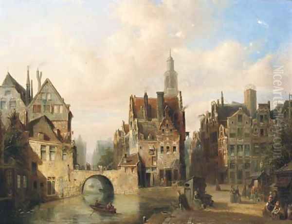 A cappricio view in a Dutch town Oil Painting by Pierre Tetar Van Elven