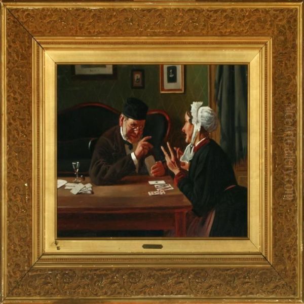 Interior With A Man Anda Woman Paying Cards Oil Painting by Carl Schlichting-Carlsen