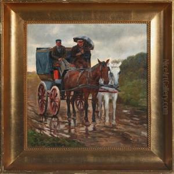 Scene With A Carriage In The Rain Oil Painting by Carl Schlichting-Carlsen