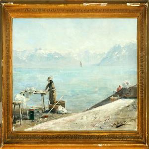 Mountain Lake Scenery From Switzerland Oil Painting by Carl Schlichting-Carlsen