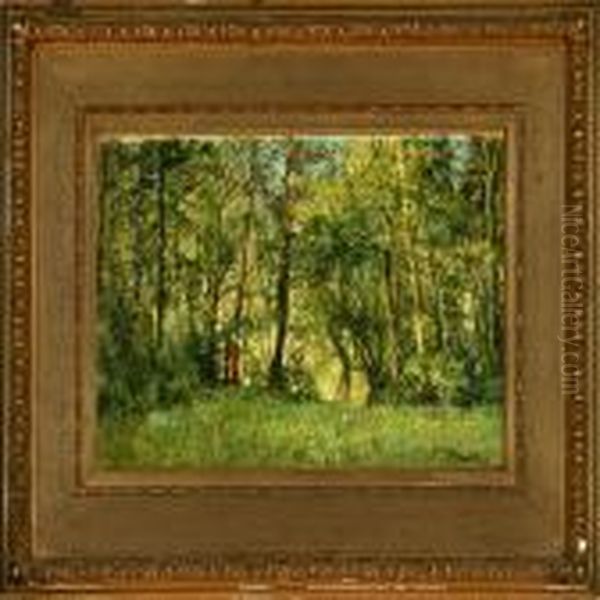 Woodland Scenery With A Lady In Red Oil Painting by Carl Schlichting-Carlsen