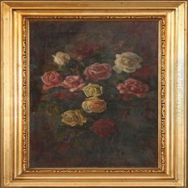 Roses. Signed Carl Carlsen 1910 Oil Painting by Carl Schlichting-Carlsen