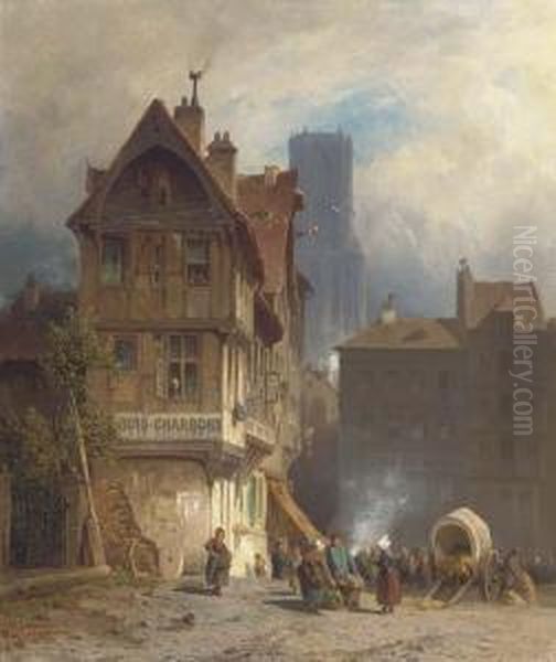 A Bustling Marketplace, Rouen Oil Painting by August Schliecker