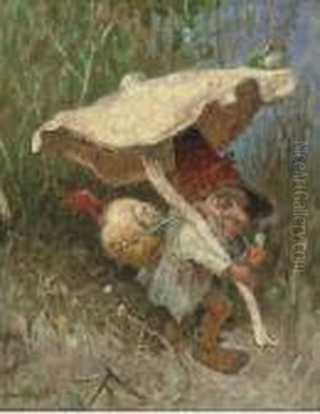 A Travelling Gnome With His Toadstool Oil Painting by Heinrich Schlitt