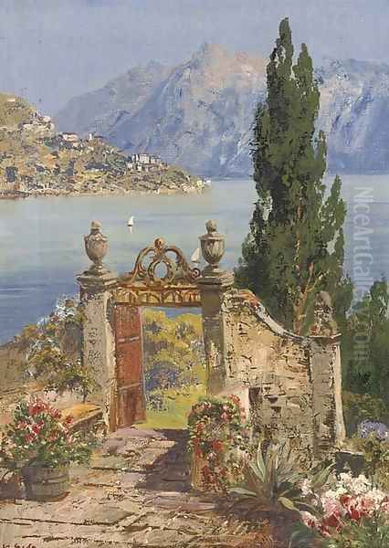 An ornamental garden above an Italian lake Oil Painting by William Maw Egley