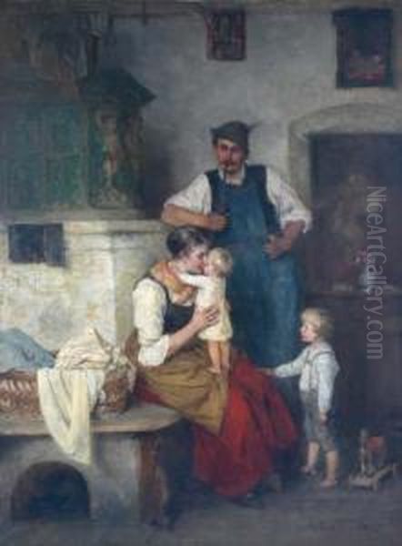 Stubeninterieur Mit Bauernfamilie Am Kachelofen Oil Painting by Mathias Schmid