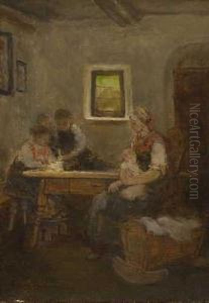 Mutter Mit Ihren Kindern In Der Stube. Oil Painting by Mathias Schmid