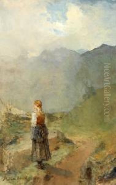 Dirndl Im Bergnebel Oil Painting by Mathias Schmid