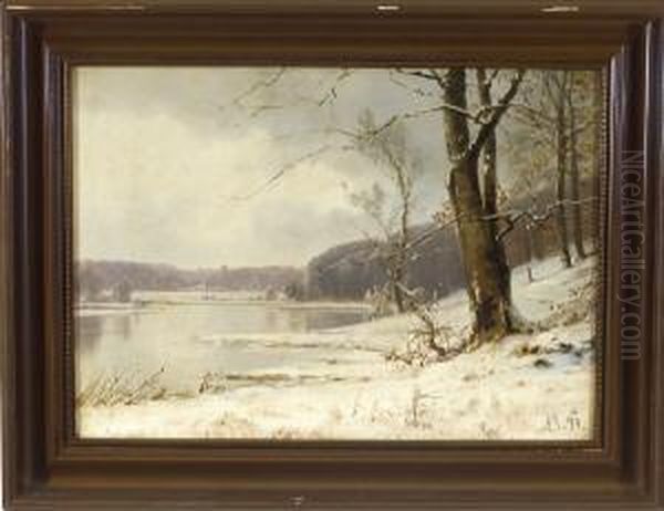 Winter Am Bewaldeten Seeufer Oil Painting by Alexander Schmidt