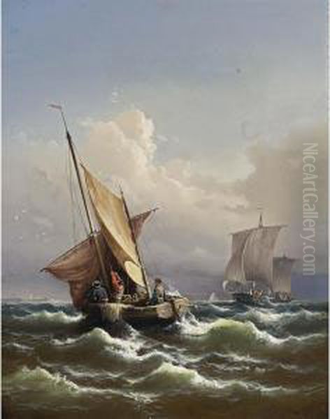 Sailing Vessels On A Rough Sea Oil Painting by Eduard Schmidt