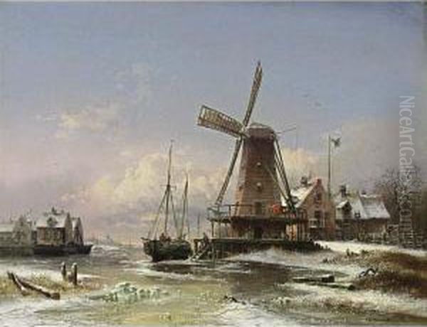 A Windmill In A Winter Landscape Oil Painting by Eduard Schmidt