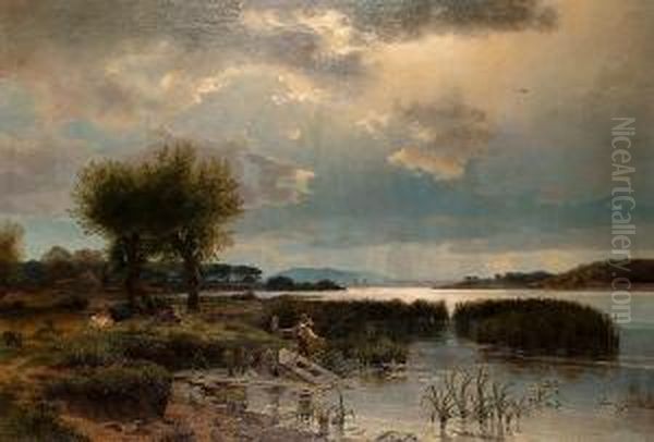 An Extensive View Of A Lake With A Boy Fishing In The Foreground. Oil Painting by Max Schmidt