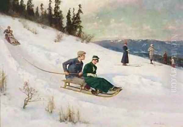 Sledge Riding and Skiing Oil Painting by Axel Ender