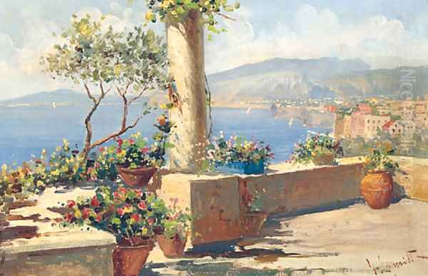 A Sunlit Mediterranean Terrace Oil Painting by Gaetano Esposito