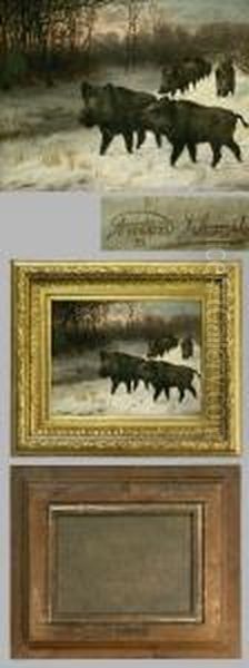 Wildschweine Im Verschneitem Wald Oil Painting by Anton Schmitz